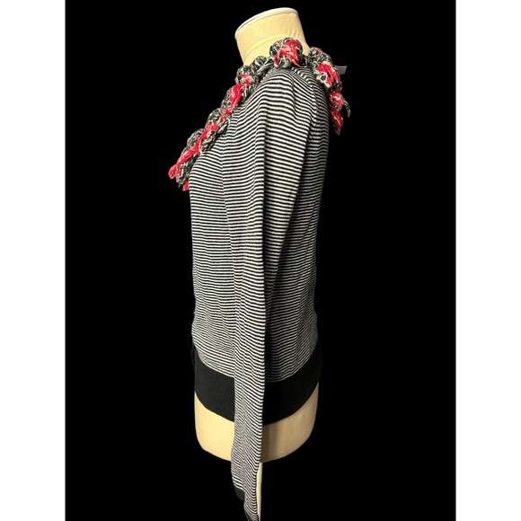 Karen Nikol Anthropologie Funky Fun Black White Striped CardiganPom Poms Size S - Picture 2 of 4